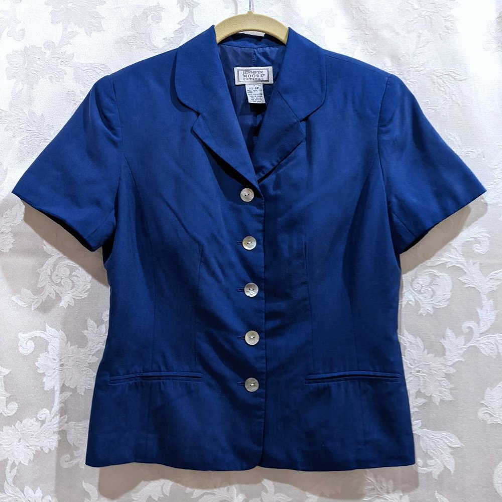 Vintage 80s Silk Short Sleeve Blazer 6P Career Preppy Dark Academia Blue NWOT